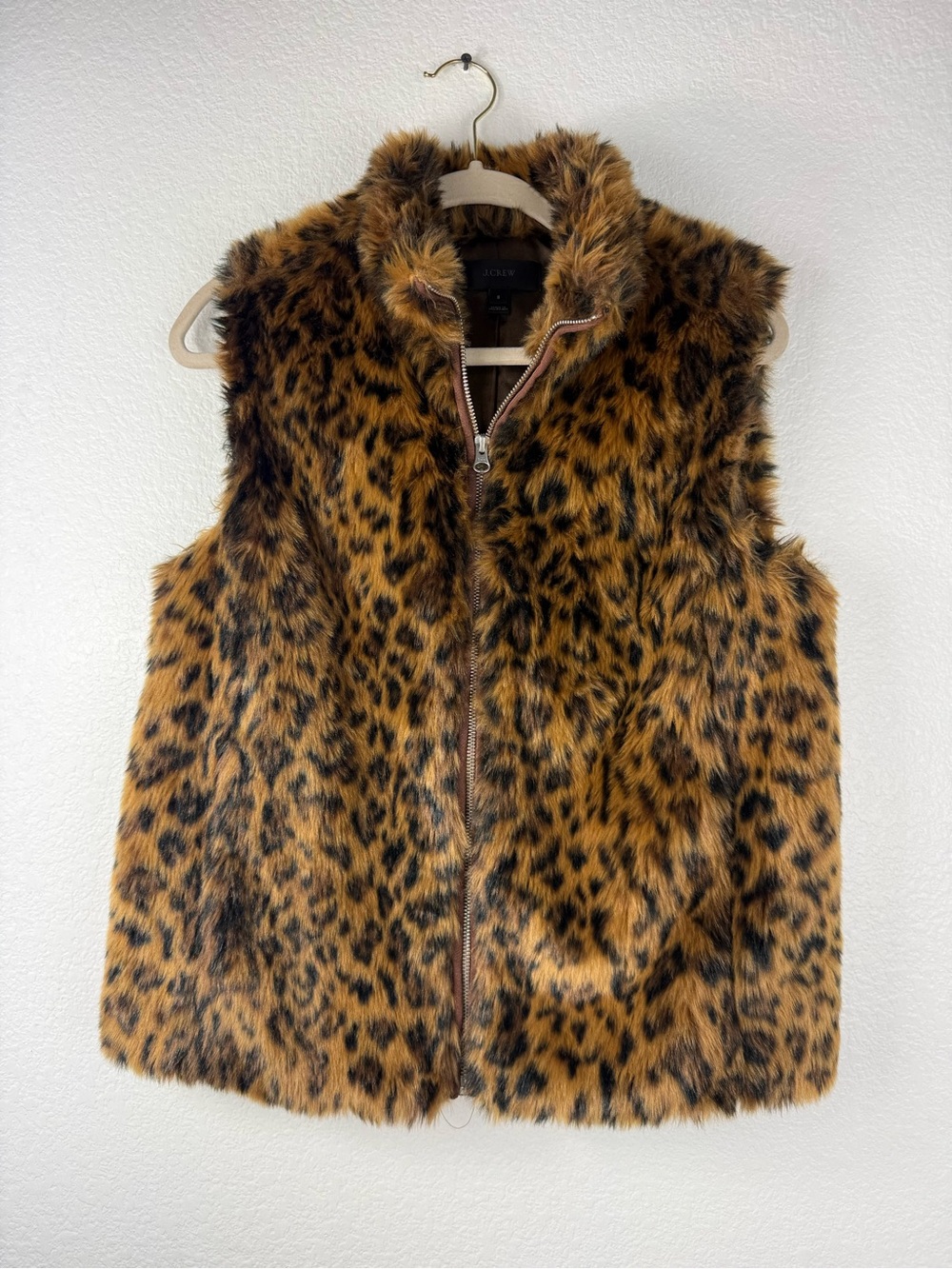 J. CREW Leopard Cheetah Print Faux Fur Zip Up Vest Style size S